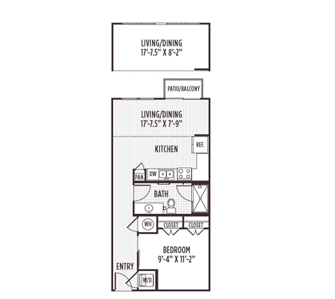Floor plan for 1 bed, 1 bath, 608 sqft